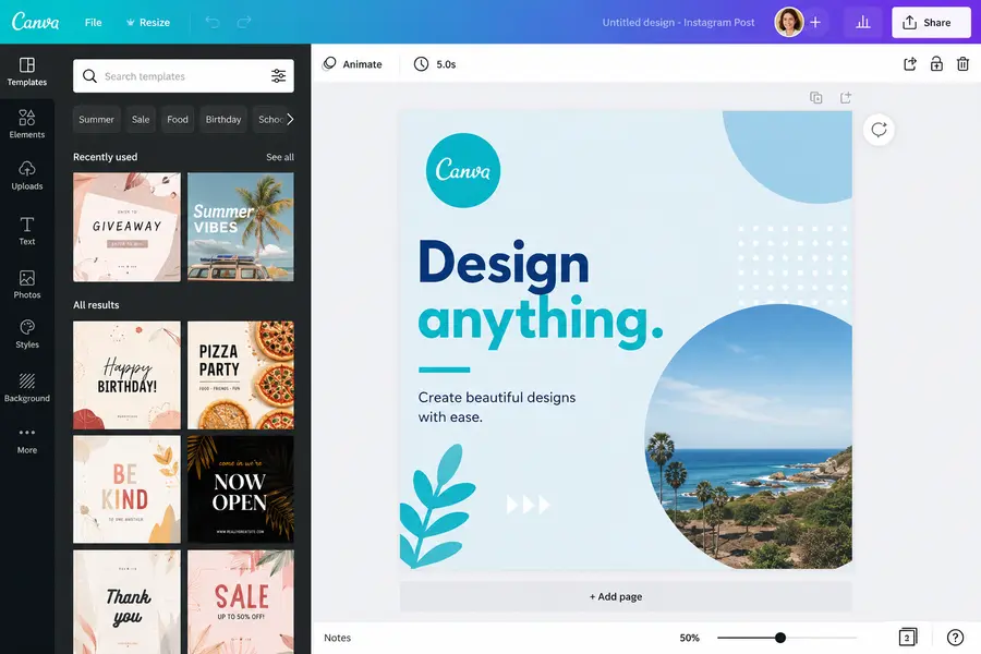 Canva design platform interface showing templates and drag-and-drop features at launch
