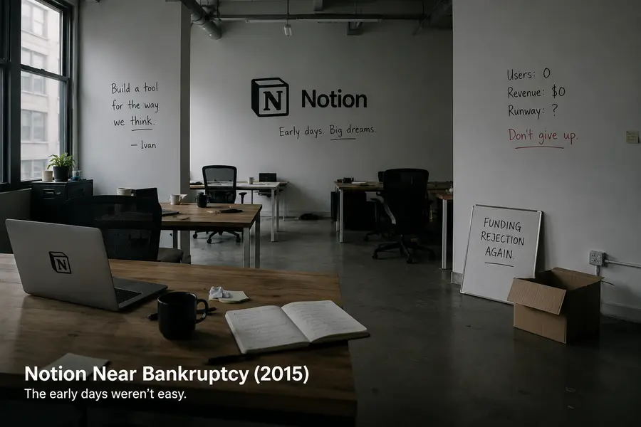 Notion near bankruptcy 2015 startup failure story