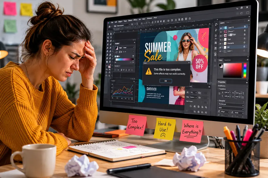Person struggling with complex graphic design software - the problem that inspired Canva