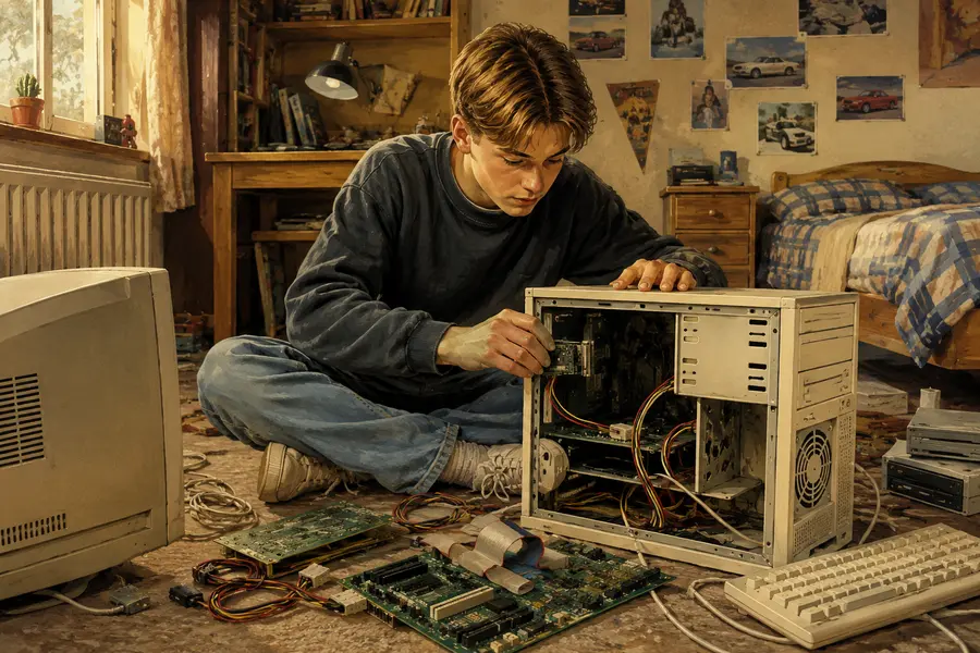 Illustration depicting a teenage computer programming apprentice, representing Tobias Lütke's early years in Germany